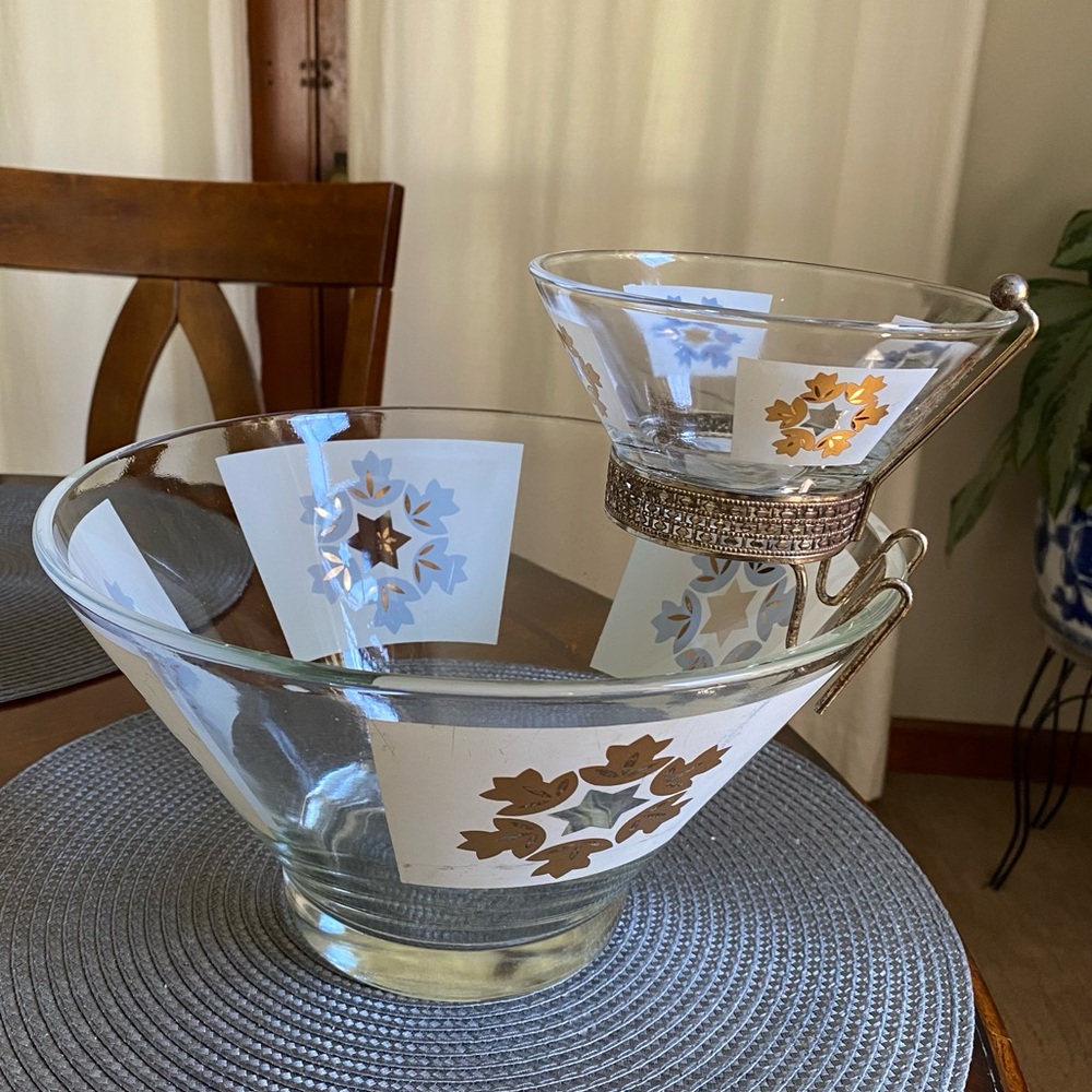 Vintage Anchor Hocking Chip & Dip Set Golden Leaf Medallion Pattern with clip - Picture 2 of 12